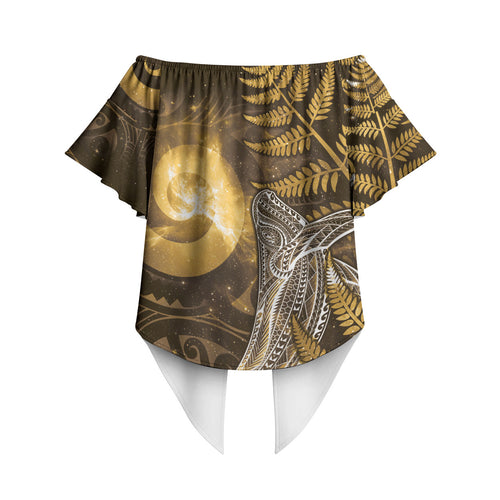 New Zealand Matariki Off Shoulder Wrap Waist Top Maori Koru With Humpback Whale Gold