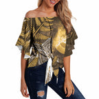 New Zealand Matariki Off Shoulder Wrap Waist Top Maori Koru With Humpback Whale Gold