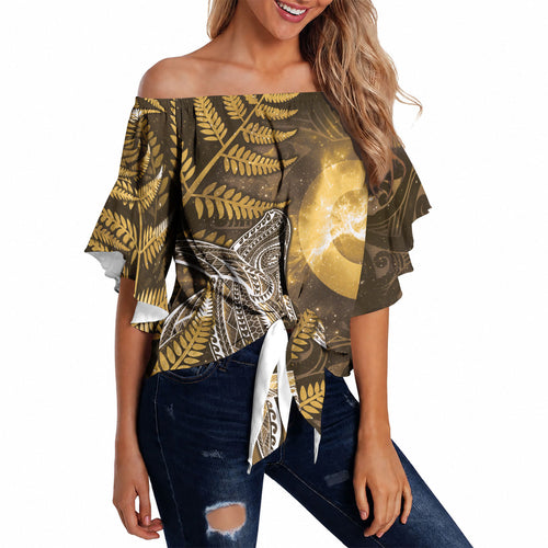 New Zealand Matariki Off Shoulder Wrap Waist Top Maori Koru With Humpback Whale Gold
