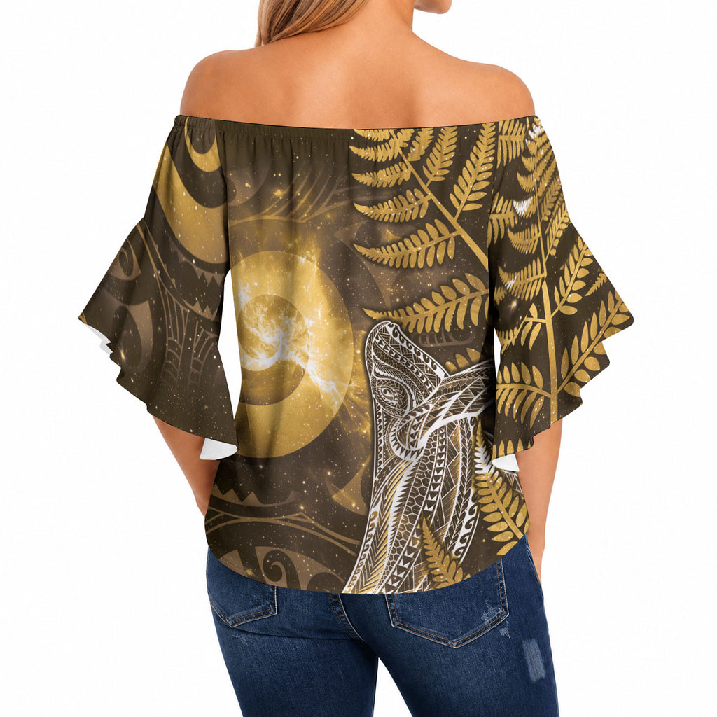 New Zealand Matariki Off Shoulder Wrap Waist Top Maori Koru With Humpback Whale Gold