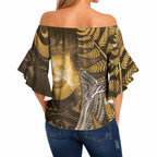 New Zealand Matariki Off Shoulder Wrap Waist Top Maori Koru With Humpback Whale Gold