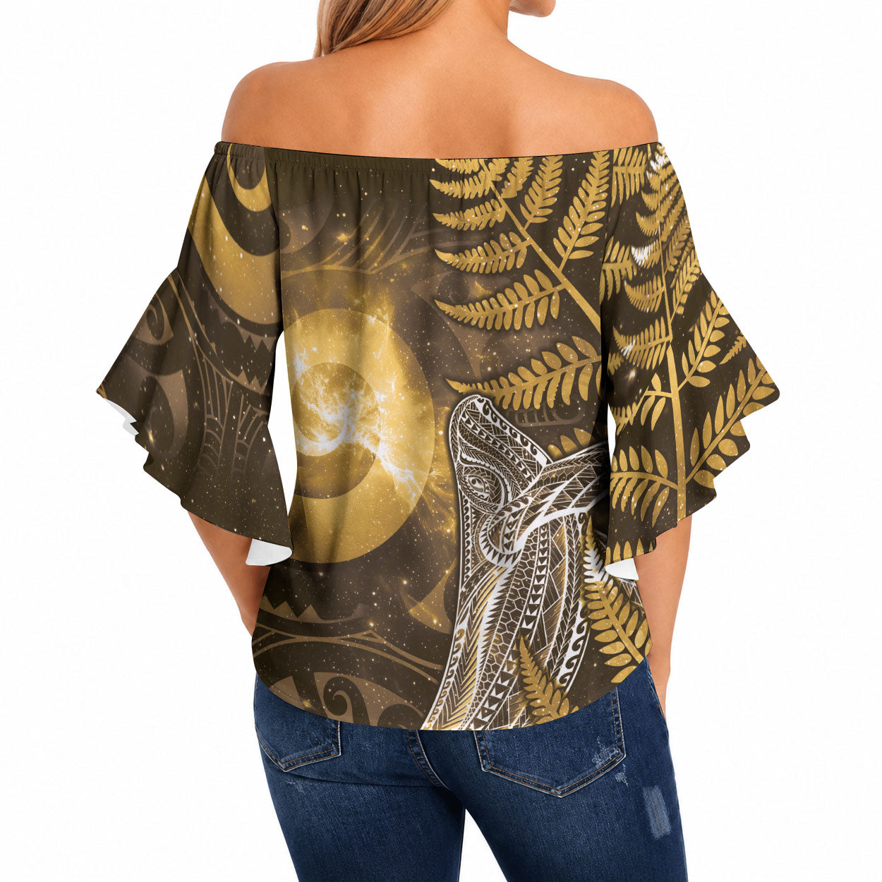 New Zealand Matariki Off Shoulder Wrap Waist Top Maori Koru With Humpback Whale Gold