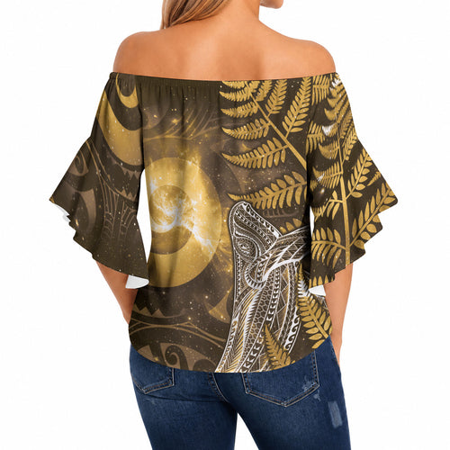 New Zealand Matariki Off Shoulder Wrap Waist Top Maori Koru With Humpback Whale Gold