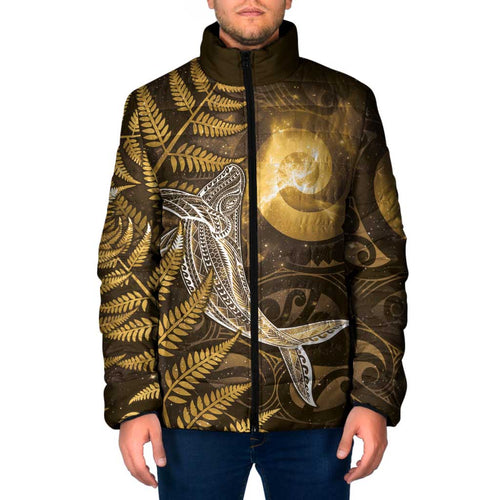 New Zealand Matariki Padded Jacket Maori Koru With Humpback Whale Gold