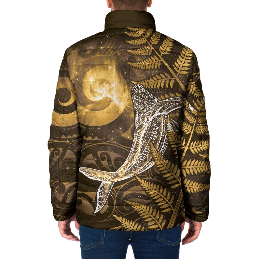 New Zealand Matariki Padded Jacket Maori Koru With Humpback Whale Gold