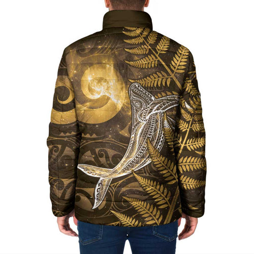 New Zealand Matariki Padded Jacket Maori Koru With Humpback Whale Gold