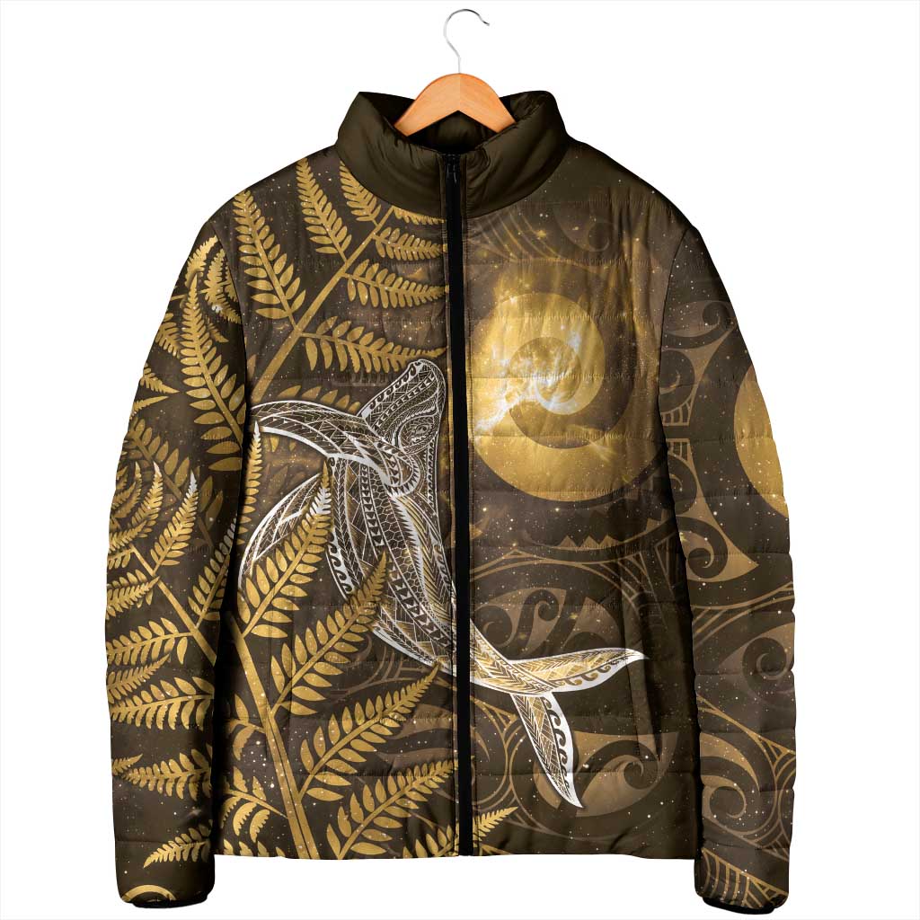 New Zealand Matariki Padded Jacket Maori Koru With Humpback Whale Gold