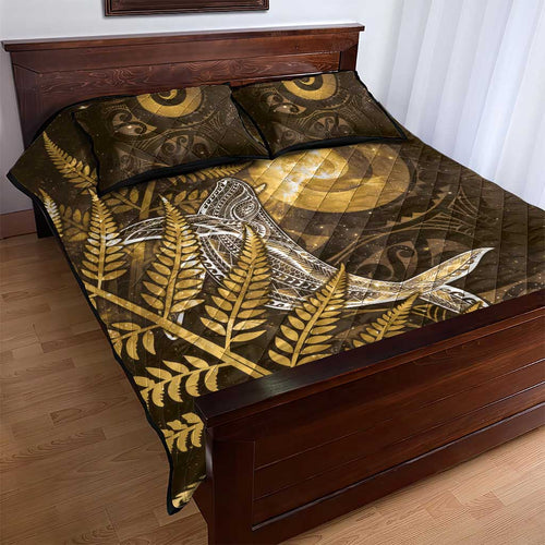 New Zealand Matariki Quilt Bed Set Maori Koru With Humpback Whale Gold