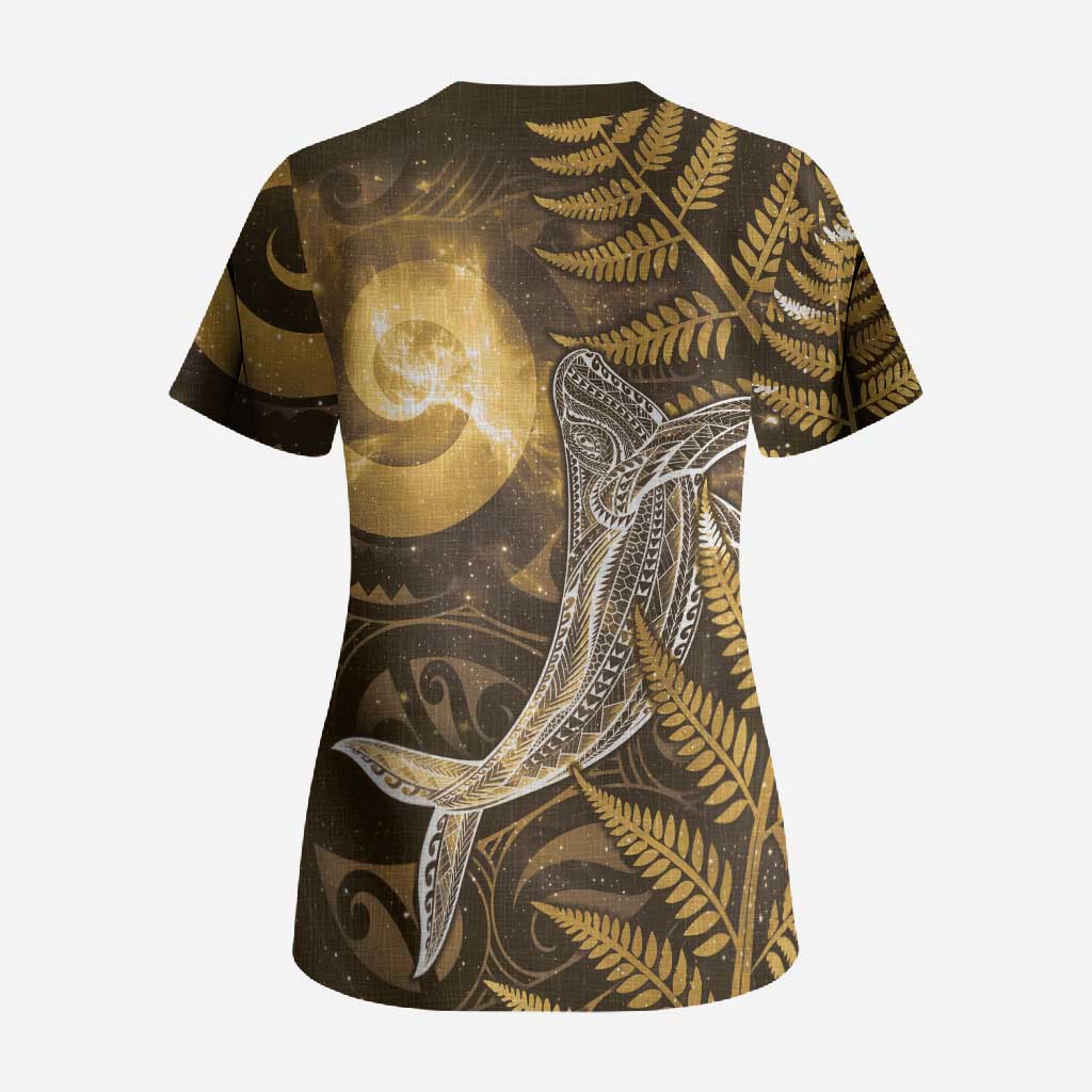New Zealand Matariki Scrub Top Maori Koru With Humpback Whale Gold