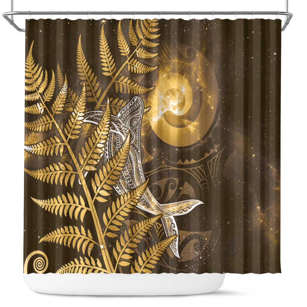 New Zealand Matariki Shower Curtain Maori Koru With Humpback Whale Gold