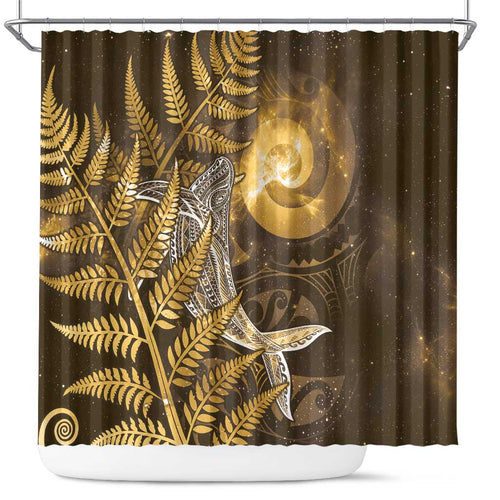 New Zealand Matariki Shower Curtain Maori Koru With Humpback Whale Gold