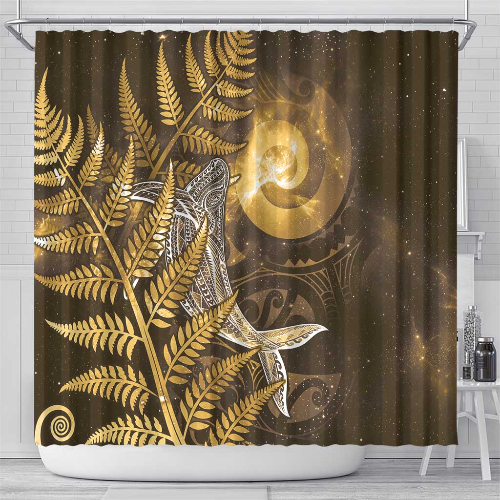 New Zealand Matariki Shower Curtain Maori Koru With Humpback Whale Gold