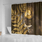 New Zealand Matariki Shower Curtain Maori Koru With Humpback Whale Gold