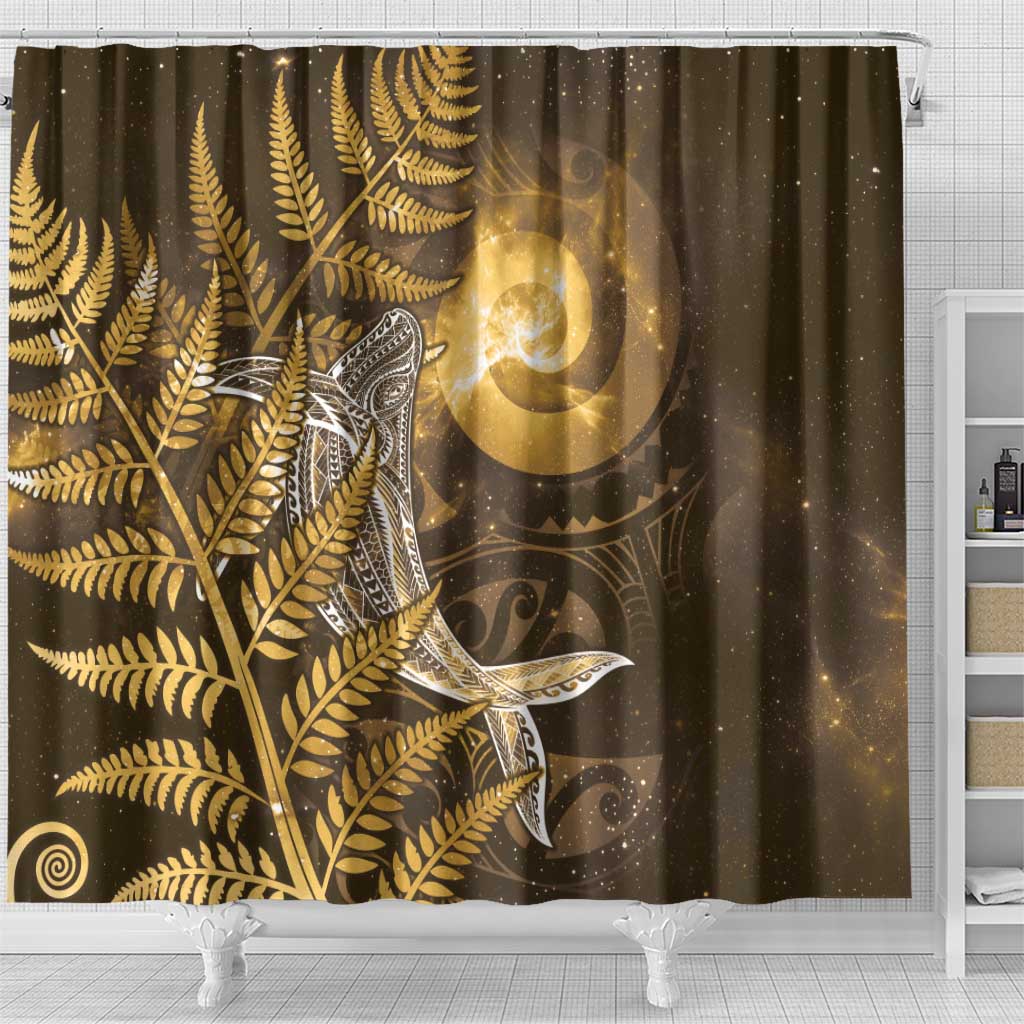 New Zealand Matariki Shower Curtain Maori Koru With Humpback Whale Gold