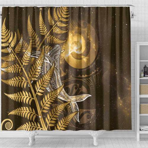 New Zealand Matariki Shower Curtain Maori Koru With Humpback Whale Gold