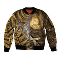 New Zealand Matariki Sleeve Zip Bomber Jacket Maori Koru With Humpback Whale Gold