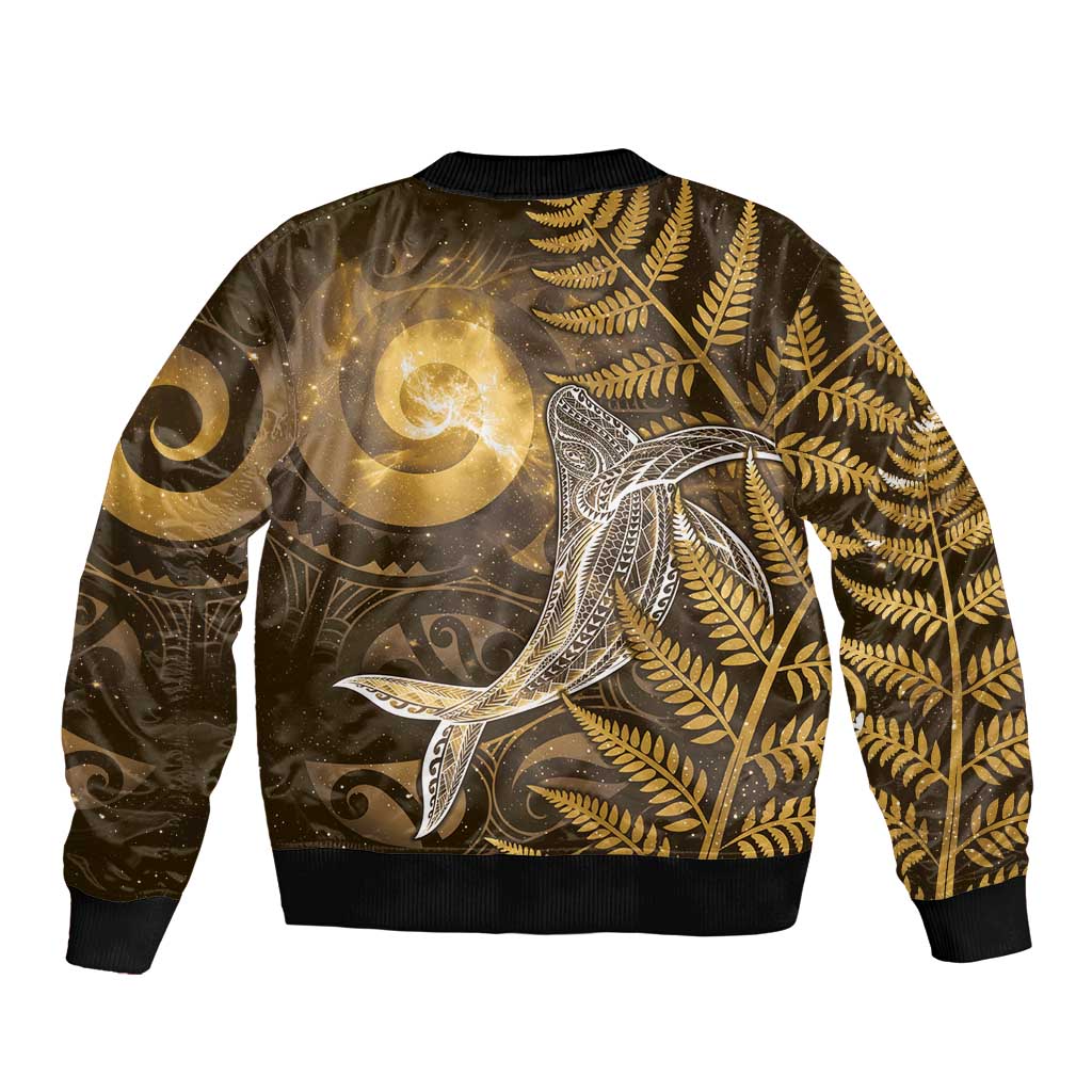 New Zealand Matariki Sleeve Zip Bomber Jacket Maori Koru With Humpback Whale Gold