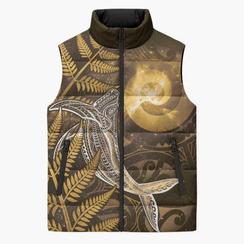 New Zealand Matariki Sleeveless Puffer Jacket Maori Koru With Humpback Whale Gold