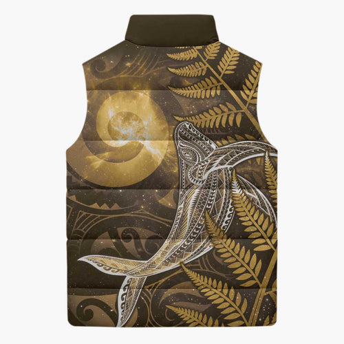 New Zealand Matariki Sleeveless Puffer Jacket Maori Koru With Humpback Whale Gold
