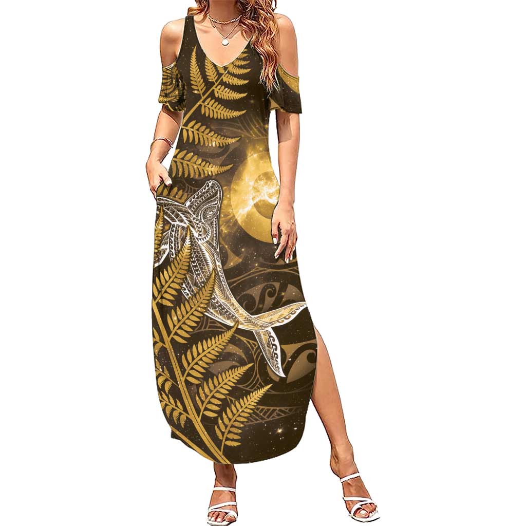 New Zealand Matariki Summer Maxi Dress Maori Koru With Humpback Whale Gold
