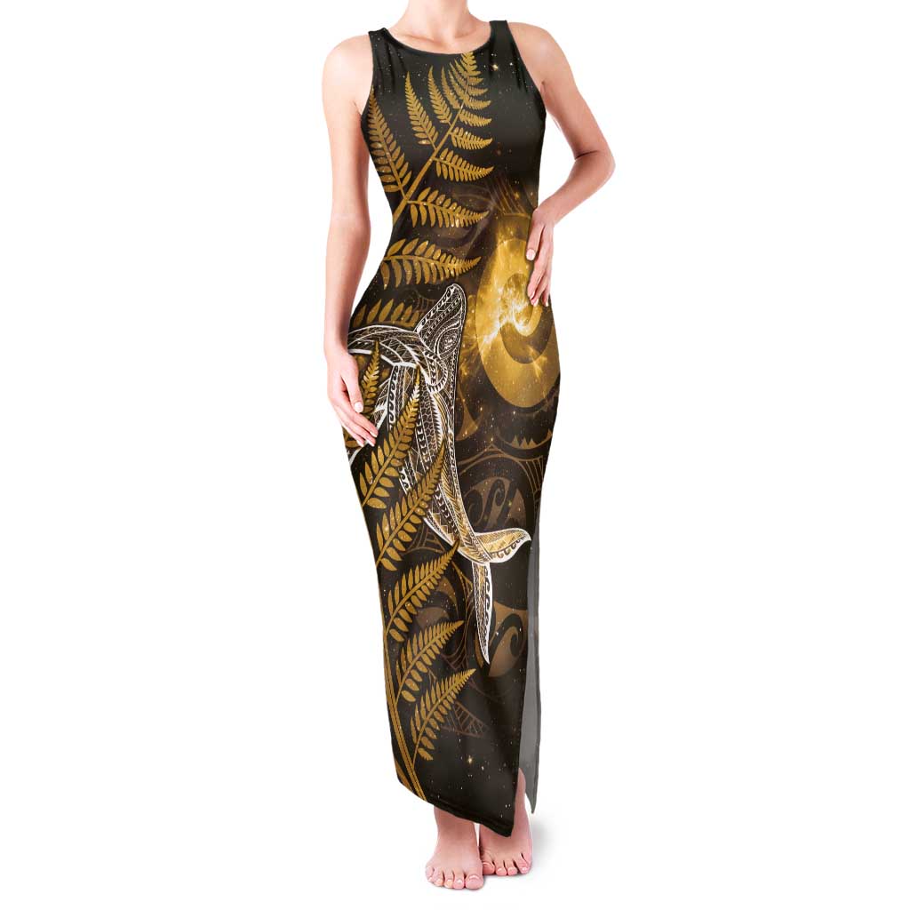 New Zealand Matariki Tank Maxi Dress Maori Koru With Humpback Whale Gold