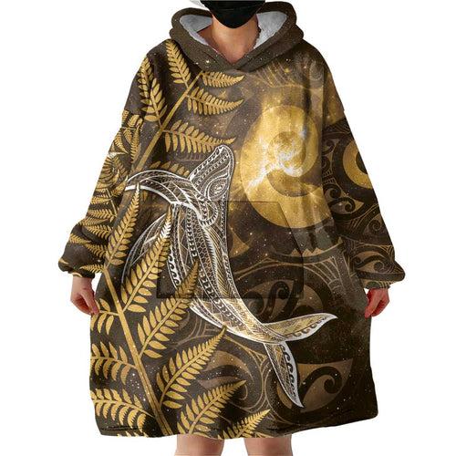 New Zealand Matariki Wearable Blanket Hoodie Maori Koru With Humpback Whale Gold