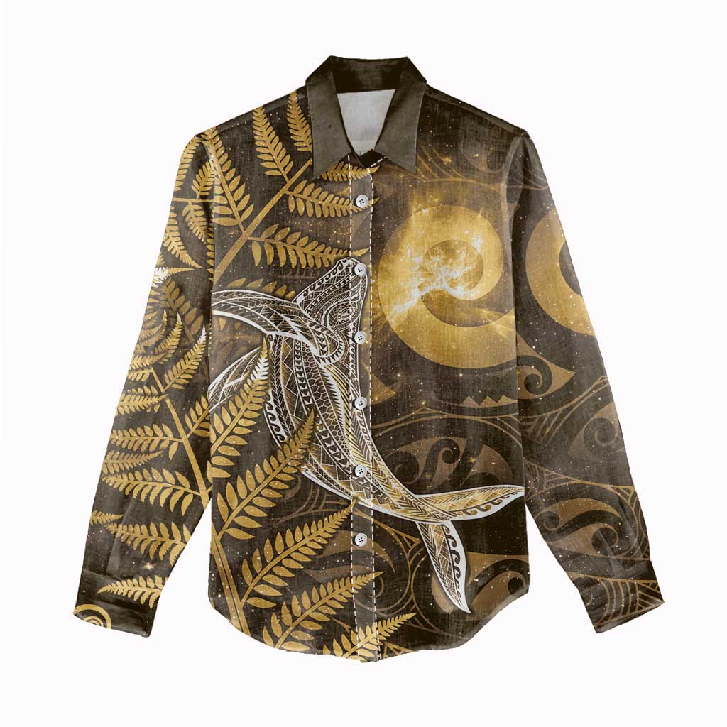 New Zealand Matariki Women Casual Shirt Maori Koru With Humpback Whale Gold