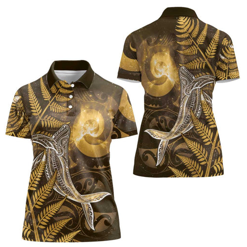 New Zealand Matariki Women Polo Shirt Maori Koru With Humpback Whale Gold