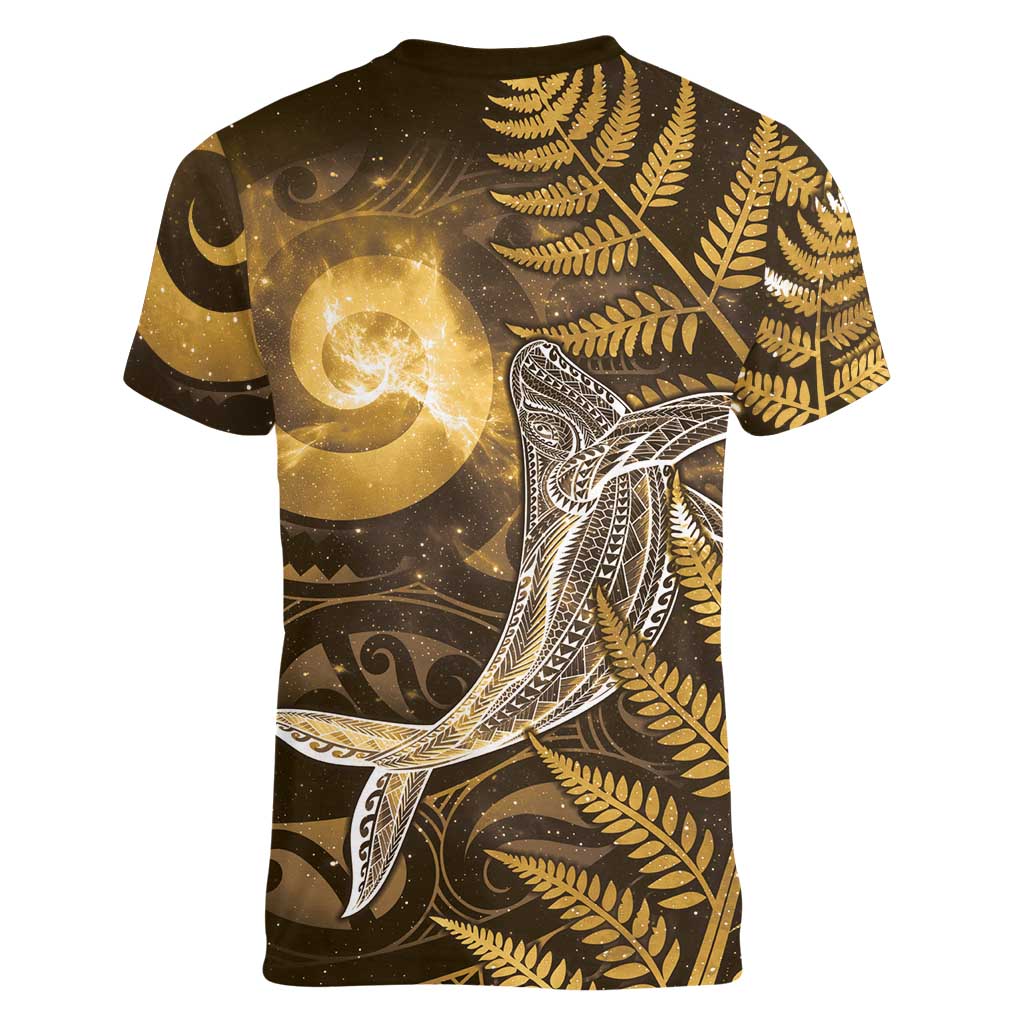 New Zealand Matariki Women V-Neck T-Shirt Maori Koru With Humpback Whale Gold