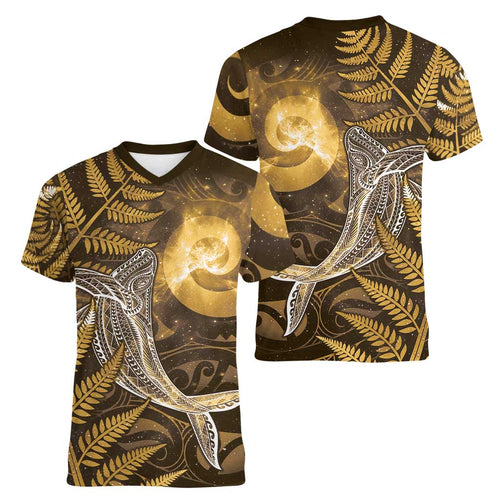 New Zealand Matariki Women V-Neck T-Shirt Maori Koru With Humpback Whale Gold