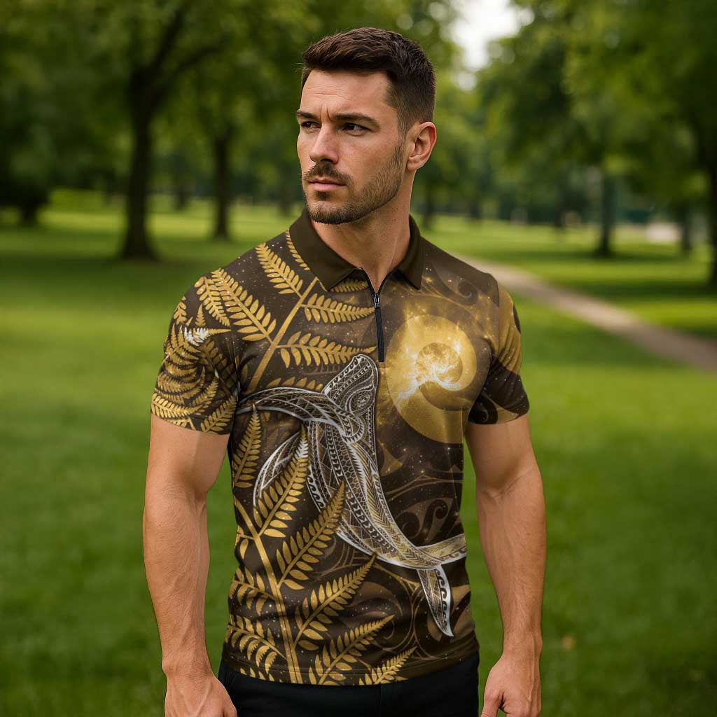 New Zealand Matariki Zipper Polo Shirt Maori Koru With Humpback Whale Gold