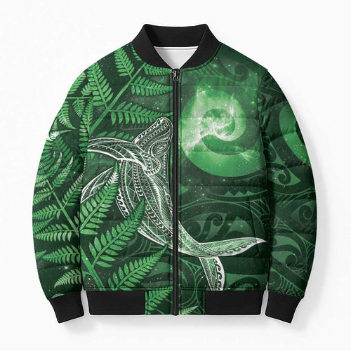 New Zealand Matariki Bomber Puffer Jacket Maori Koru With Humpback Whale Green
