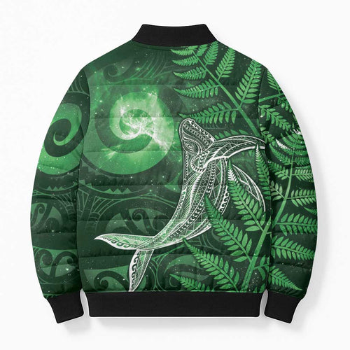 New Zealand Matariki Bomber Puffer Jacket Maori Koru With Humpback Whale Green