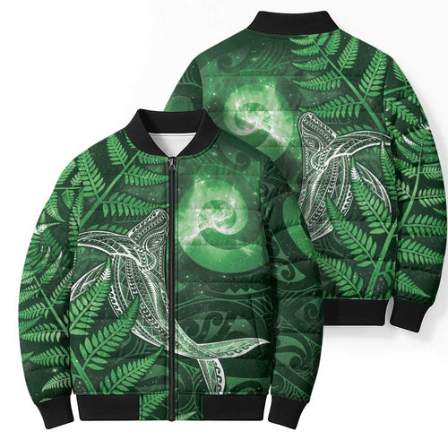 New Zealand Matariki Bomber Puffer Jacket Maori Koru With Humpback Whale Green