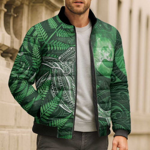 New Zealand Matariki Bomber Puffer Jacket Maori Koru With Humpback Whale Green