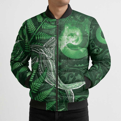 New Zealand Matariki Bomber Puffer Jacket Maori Koru With Humpback Whale Green