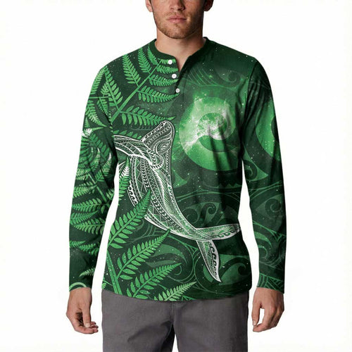 New Zealand Matariki Button Sweatshirt Maori Koru With Humpback Whale Green