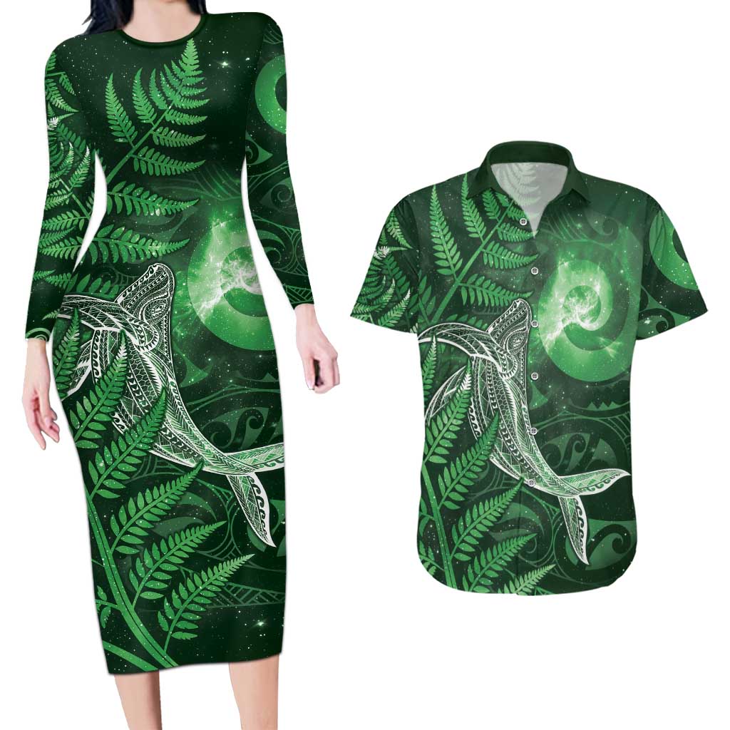 New Zealand Matariki Couples Matching Long Sleeve Bodycon Dress and Hawaiian Shirt Maori Koru With Humpback Whale Green