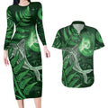 New Zealand Matariki Couples Matching Long Sleeve Bodycon Dress and Hawaiian Shirt Maori Koru With Humpback Whale Green