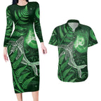 New Zealand Matariki Couples Matching Long Sleeve Bodycon Dress and Hawaiian Shirt Maori Koru With Humpback Whale Green