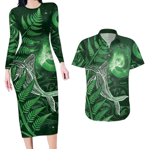 New Zealand Matariki Couples Matching Long Sleeve Bodycon Dress and Hawaiian Shirt Maori Koru With Humpback Whale Green