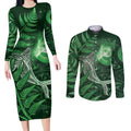 New Zealand Matariki Couples Matching Long Sleeve Bodycon Dress and Long Sleeve Button Shirt Maori Koru With Humpback Whale Green
