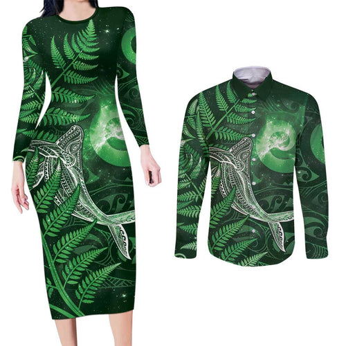 New Zealand Matariki Couples Matching Long Sleeve Bodycon Dress and Long Sleeve Button Shirt Maori Koru With Humpback Whale Green