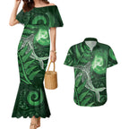 New Zealand Matariki Couples Matching Mermaid Dress and Hawaiian Shirt Maori Koru With Humpback Whale Green