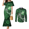 New Zealand Matariki Couples Matching Mermaid Dress and Long Sleeve Button Shirt Maori Koru With Humpback Whale Green