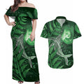 New Zealand Matariki Couples Matching Off Shoulder Maxi Dress and Hawaiian Shirt Maori Koru With Humpback Whale Green