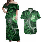 New Zealand Matariki Couples Matching Off Shoulder Maxi Dress and Hawaiian Shirt Maori Koru With Humpback Whale Green