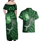 New Zealand Matariki Couples Matching Off Shoulder Maxi Dress and Hawaiian Shirt Maori Koru With Humpback Whale Green