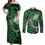 New Zealand Matariki Couples Matching Off Shoulder Maxi Dress and Long Sleeve Button Shirt Maori Koru With Humpback Whale Green