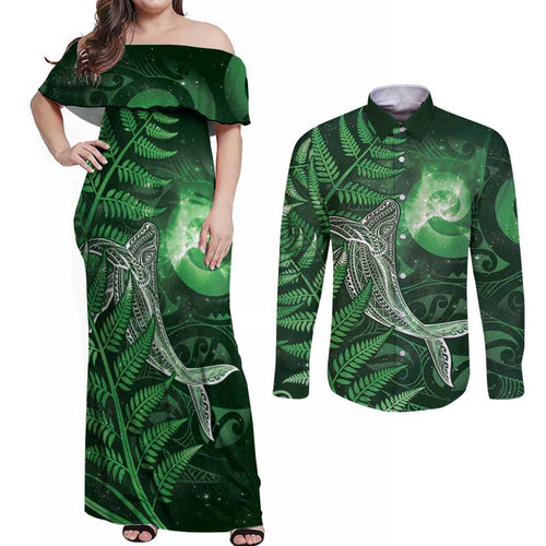 New Zealand Matariki Couples Matching Off Shoulder Maxi Dress and Long Sleeve Button Shirt Maori Koru With Humpback Whale Green